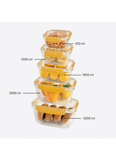 Buy Dunya Fresh & Lock Yellow Rectangular 5-Piece Food Storage Refrigerator Container Set - Airtight Lid - BPA-Free (550-1000-1800-3000-5000ml) in Egypt