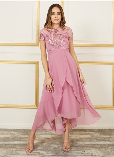 Buy Thread Embroidered Sequin Detail Mesh Insert A-Line Midi Dress in Saudi Arabia