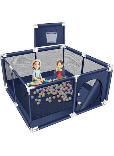 Buy Foldable Baby Playpen With Safety Fence And Basketball Hoop For Indoor Outdoor - Blue, 50 inches in UAE