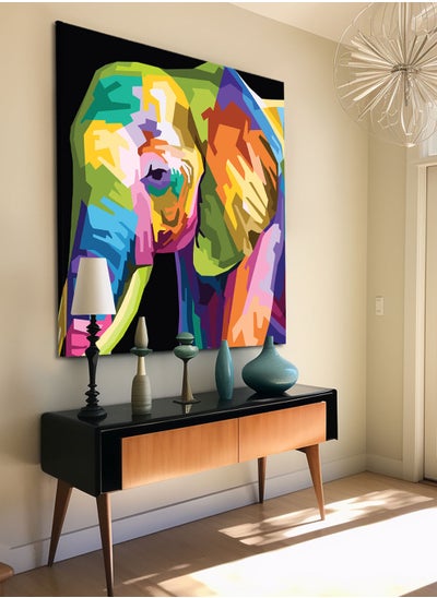 Buy Square Canvas Wall Art Stretched Over Wooden Frame with Colourful Elephant Conceptual Art Painting in Saudi Arabia