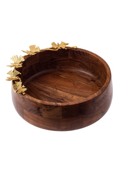 Buy A deep circular bowl of beech wood with a metal butterfly decoration golden color for multiple uses in Saudi Arabia