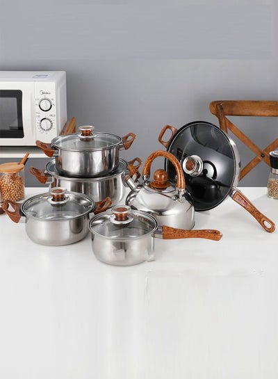 Buy Set of 12 Cookware Set - Stainless Steel Pots, Pans, Kitchen Utensils Set with Tempered Glass Lid in UAE