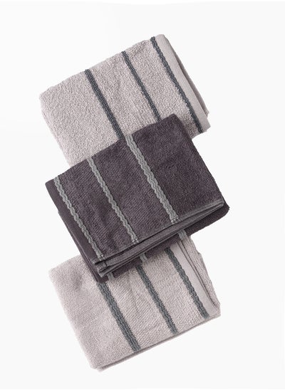 Buy 100% Cotton Hand Towel Set of 3 Light Grey/ Dark Grey/ Light Grey 50x90 cm in UAE