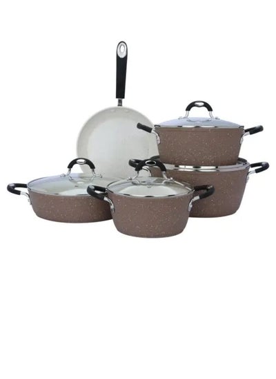 Buy 9 pieces Granite Cookware set with silicone glass lid Brown in UAE