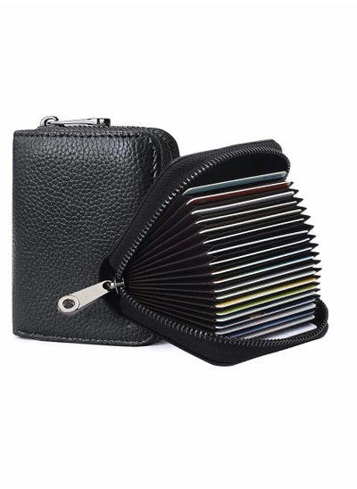 Buy Card Cases, RFID 20 Card Slots Credit Card Holder Genuine Leather Small Card Case for Women or Men Accordion Wallet with Zipper (Black) in Saudi Arabia