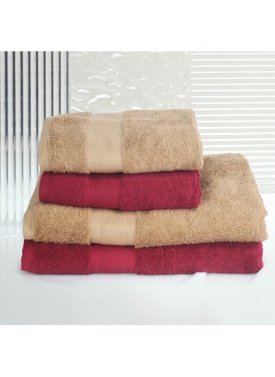 اشتري 4 Piece Bathroom Towel Set NEW GENERATION 450 GSM 100% Cotton Terry 2 Bath Towel 70X140 cm & 2 Hand Towel 50x90 cm Red & Brown Color Soft Feel Super Absorbent في الامارات