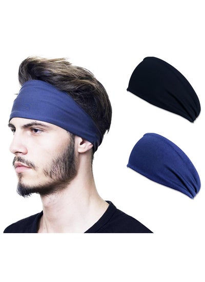 Buy 2Pcs Sweat Absorbent Sports Headband Elastic Non slip Headband Workout Sweatbands for Fitness Running Cycling Yoga (Black and Blue) in Saudi Arabia