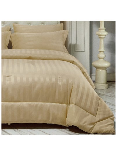 Buy Comforter Set 6-Pcs King Size Damask Striped All Season Brushed Microfiber Double Bed Set With Down Alternative Filling,Beige in Saudi Arabia