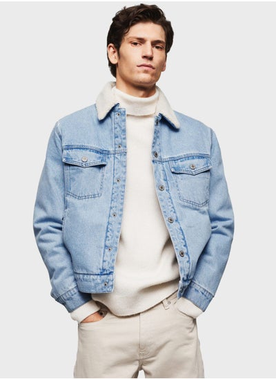 Buy Light Wash Shearling Denim Jacket in UAE