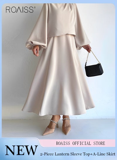 Buy 2-Piece Women's Shirt And Skirt Set Round Neck Lantern Sleeve Loose Fitting Pullover Shirt+Elastic Waist Design High Waisted Large Hem A-Line Skirt in Saudi Arabia