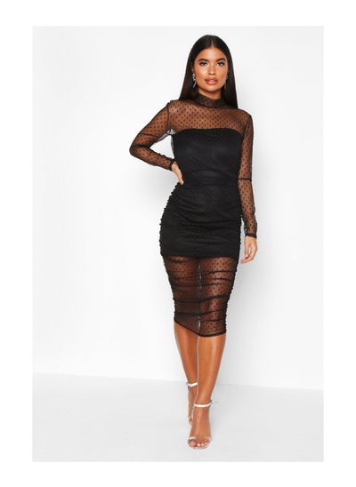 اشتري Petite Dobby Mesh High Neck Ruched Midi Dress في الامارات