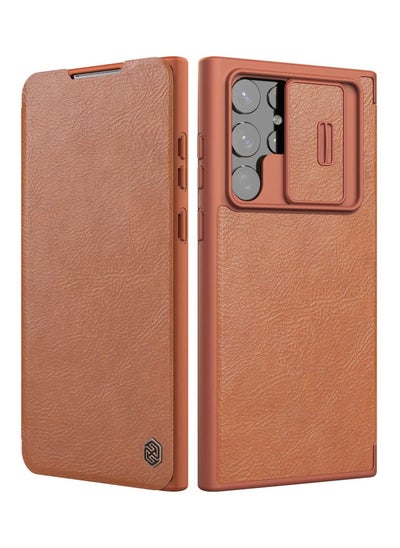 Buy Nillkin for Samsung Galaxy S22 Ultra Case with Camera Cover and Card Holder, QIN Pro Leather Case with Flip Cover and Slide Camera Protection, Durable Shockproof Cover - Brown in UAE