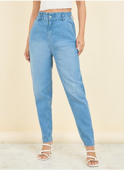 Buy Paperbag Waist Mom Fit Jeans with Tapered Hem in Saudi Arabia