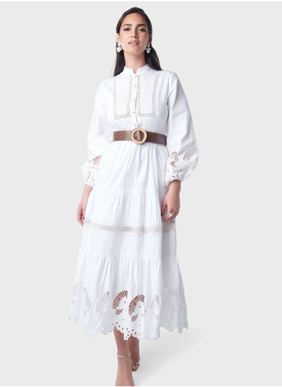 اشتري Contrast Belt Schiffli Hem Tier Dress في الامارات