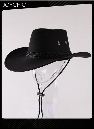 Buy Classic Wide Brim Sun Protection Western Cowboy Style Hat with Adjustable Drawstring for Men Women Outdoor Travel Camping Black in Saudi Arabia