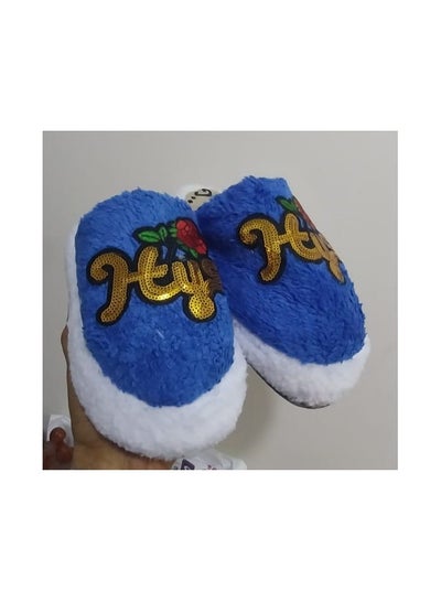 Buy Women's winter home slipper with embroidered fur, blue color in Egypt