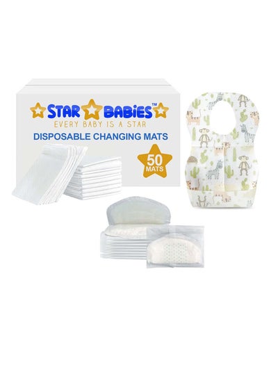 اشتري Star Babies Combo Pack (Disposable Changing mat 50pcs, Disposable Bibs 50pcs with  Disposable Breast Pad 10pcs) - White في الامارات