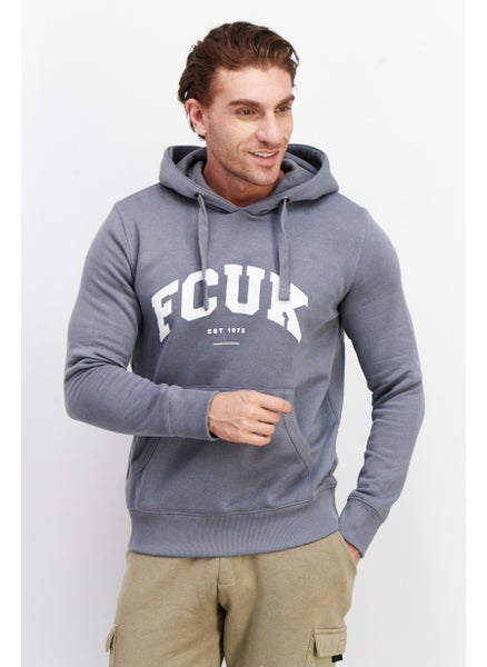 Buy Men Brand Logo Hooded Fleece Sweatshirt, Grey in UAE