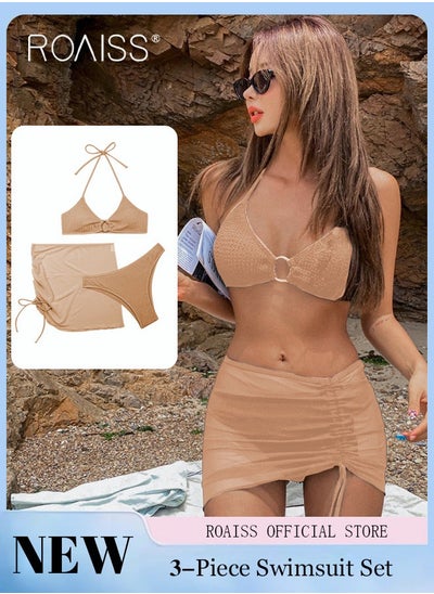 Buy 3 Pack Bikini Sets Halter Beachwear Ladies Tankini Swimsuit Hollow Out Beach Skirt Push Up Textured Ring Linked for Swimwear in UAE