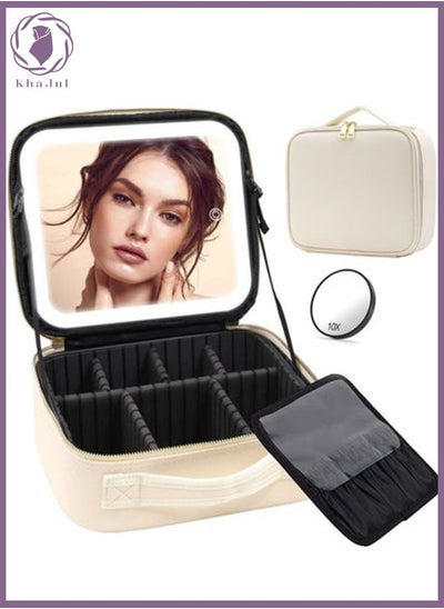 Buy Makeup Bag with Mirror of LED Lighted and Detachable 10x Magnifying Mirror, Cosmetic Bag Organizer with Adjustable Dividers (Beige) in Saudi Arabia