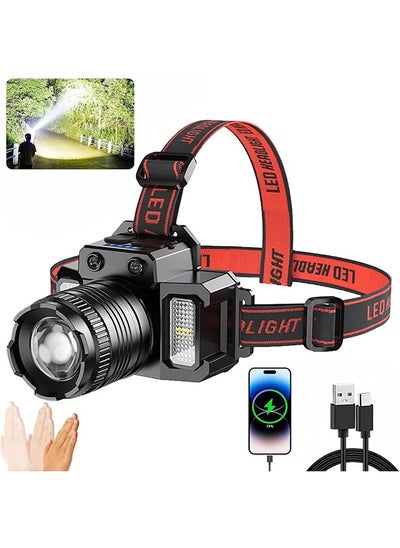 Buy Headlamp Rechargeable, Super Bright Head Lamp with Motion Sensor, 5 Lighting Modes Zoomable Head Lights for Forehead, 360° Adjustable LED Headlamp for Outdoor Hunting Camping Fishing Hiking in Saudi Arabia