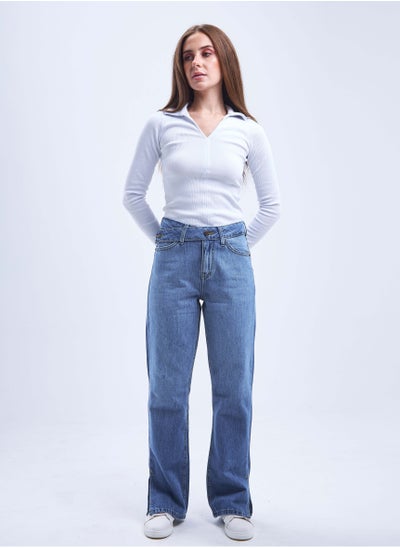 اشتري High-Waist Medium Wash Split Hem Cross-Belt Straight Leg Jeans. في السعودية