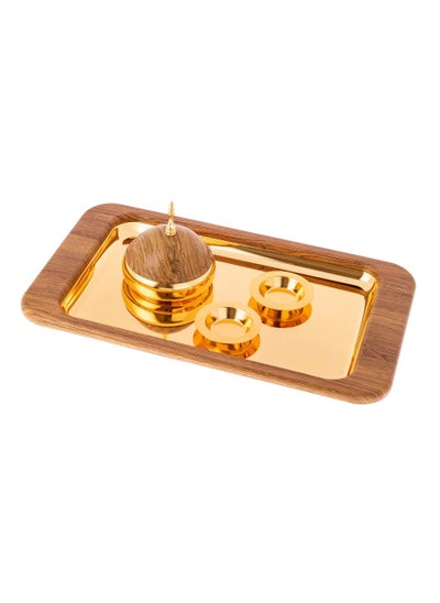 Buy Serving tray with date bowl gold and wood color 4 pieces in Saudi Arabia