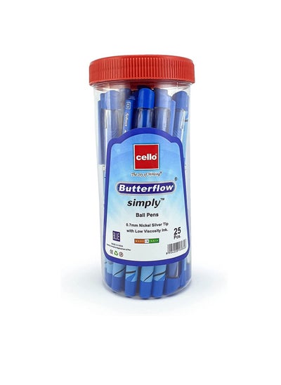 اشتري Cello Butterflow Simply Ball Pen 0.7mm Jar Of 25Pc Blue, Nickel Silver Tip With Low Viscosity Ink. في الامارات