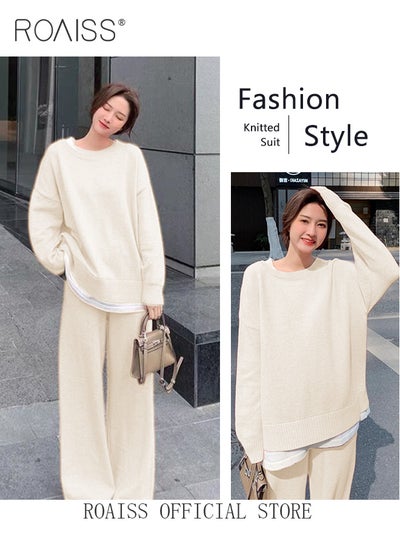 Buy Women's Oversized Loose Suit Knitted Sweater Outfits 2 Piece Casual Set Solid Color Long Sleeve Wide Leg Pants in UAE