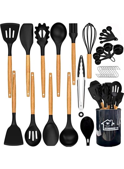 Buy Kitchen Cooking Utensils Set, 33 Non-Stick Silicone Spatula Set with Holder, Wooden Handle Gadgets Utensil for Nonstick Cookware (33 Pcs Black & Wood) in UAE