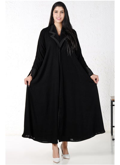 Buy Black abaya with a turn-down collar and white threads in Saudi Arabia