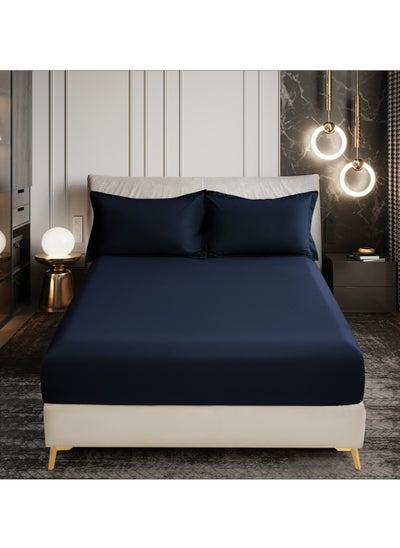 اشتري Bedding Fitted Sheet 2-Pcs Twin Size Solid Bed Sheet Set Fits(120x200CM) With Pillowcases And 30 CM Extra Deep Brushed Microfiber Bed Sheet,Navy في الامارات