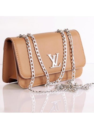 Buy Brown Leather CrossBody Handbag with adjustable Chain handle in silver color in Egypt