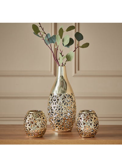 Buy Dune 3-Piece Ceramic Cutwork Detail Vase And Candle Holder Gift Set 13 x 30 x 13 cm in Saudi Arabia