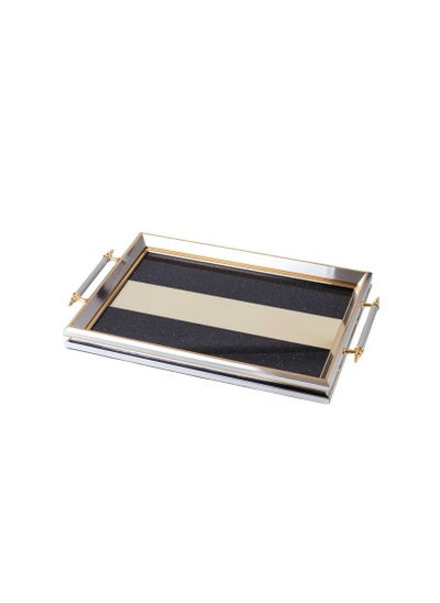 Buy Wooden serving tray, silver-golden color, with a floor of black crystals, with a silvery handle in Saudi Arabia