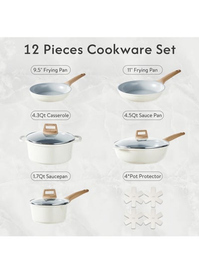 اشتري CAROTE 12 Pcs Ceramic Pots and Pans Set, Nonstick Cookware Sets Kitchen Cooking Set Induction Non Stick Pots and Pans PFAS and PFOA Free في الامارات