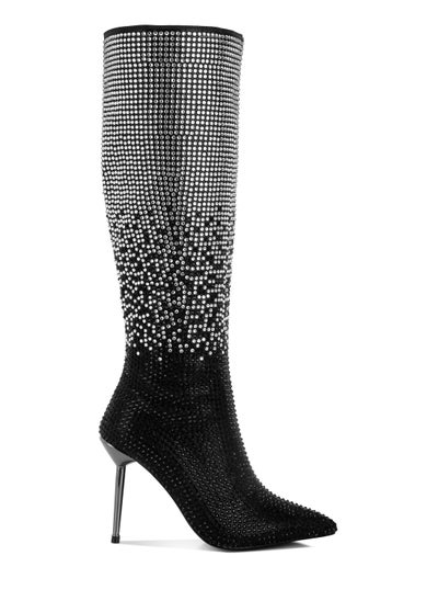 Buy Shiny Rhinestone Studded Calf Boots in Black in UAE