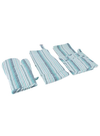 Buy Set (Towel + Apron + Gloves + Pot Holder), Green And Blue, 4 Pieces in Saudi Arabia