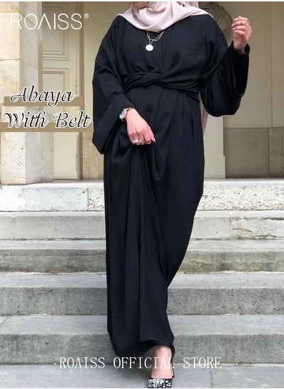 Buy Abaya with Belt for Women Ladies Long Sleeve Dress Classic Style Long Sleeve Tunic Round Neck Casual Elegant Dress for Daily Outfit in Saudi Arabia