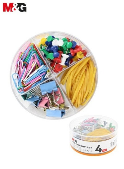 Buy A box of 200 pieces, divided into 4 boxes, consisting of 50 pieces of push pins / 10 pieces of 19 mm paper clip / 100 pieces of paper clip / 40 pieces of multi-colored rubber bands. in Egypt