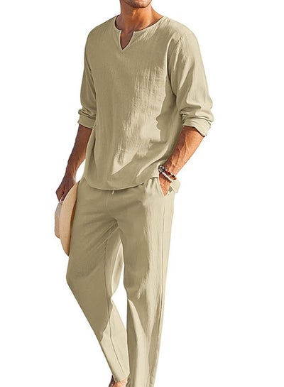 Buy Men's 2-Piece Cotton Linen Long Sleeved POLO Shirt  And Casual Beach Pants Summer Yoga Clothing Solid Color Insert Pockets Elastic Set Khaki Color in Saudi Arabia