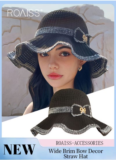 Buy Women's Wide Brim Bow Decor Straw Hat, Summer Breathable Beach Straw Hat with Ruffle Brim, Foldable Outdoor Sun Hat, Fashion Accessories in UAE