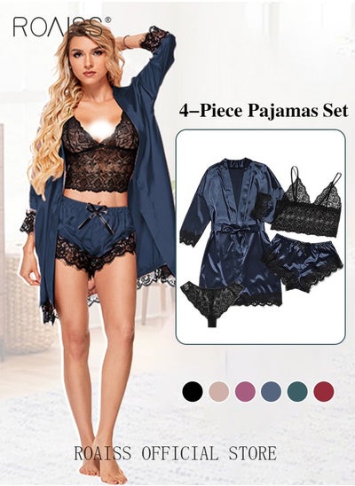 Buy 4 Pack Women's Nightwear Set Silk Satin Sleepwear Pajama Summer Home Wearing Clothes Suits Embroidered Breathable Ladies Lingerie Robe Nightdress Underwear Panties in Saudi Arabia