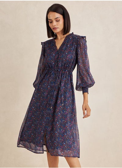 اشتري Lurex Floral Print Button Down Midi Dress في السعودية