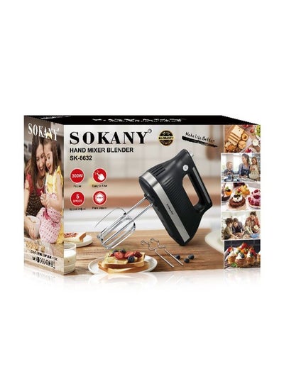 Buy Sokany SK-6632 Hand Mixer 300W Easy to use Comes in a convenient size for easy storage Easy to clean Stainless steel, 5 speeds for more consistent performance, Detachable whisk, 2 dough hooks, Hooks are made of Accessories easily in Egypt