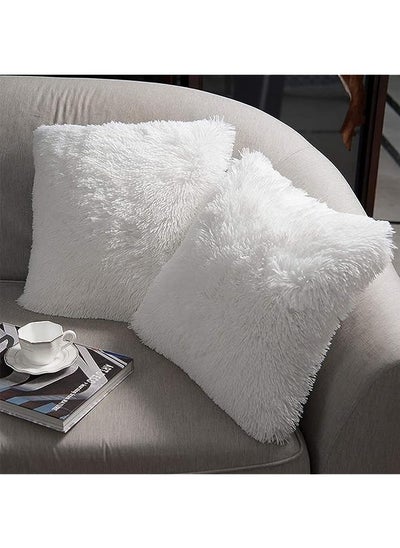 Buy HOME Luxury Soft Faux Fur Fleece Cushion Cover Pillowcase Decorative Throw Pillows Covers, No Pillow Insert, 18" x 18" Inch, White, 2 Pack in UAE