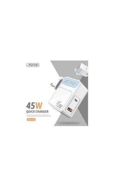 Buy ASPOR A839 45W PD Charger PDPlusQC Charger EU PIN Type-C to Type-C Cable Support Mobile and Laptop (PD) fast Charging - White in Egypt