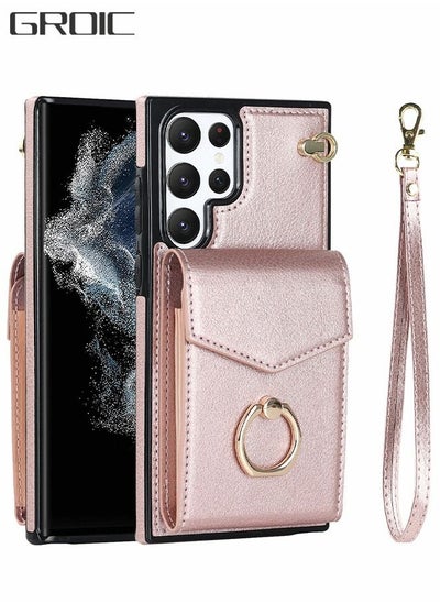 Buy For Samsung Galaxy S23 Ultra Wallet Case with Card Holder,TPU Inner Shell Shockproof Wrist Strap,360°Rotation Finger Ring Kickstand Leather Phone Cover for S23 Ultra 6.8'' in UAE