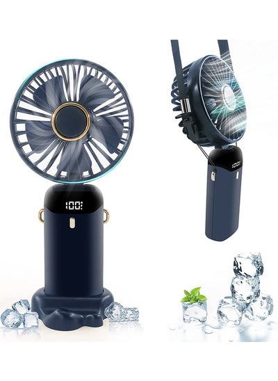 Buy Portable Hand-Held Fan  LED Digital Display 5 Speeds Wind Office Desktop Multifunctional Folding Mini Electric Fan With A Neck Lanyard in UAE