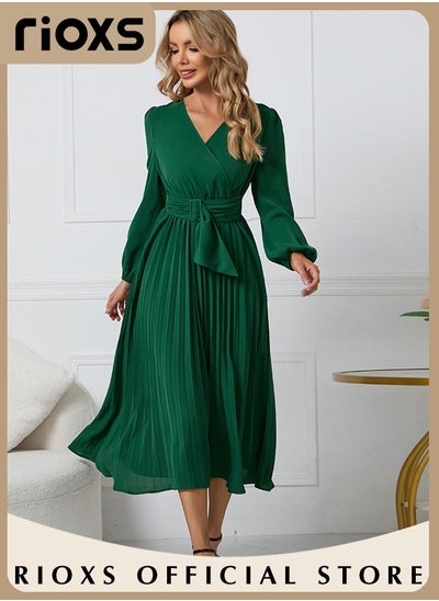 Buy Women Casual Long Sleeve V Neck Fall Dress Bohemian Relaxed Fit Flowy Maxi Dresses Tiered Cocktail Dress in UAE